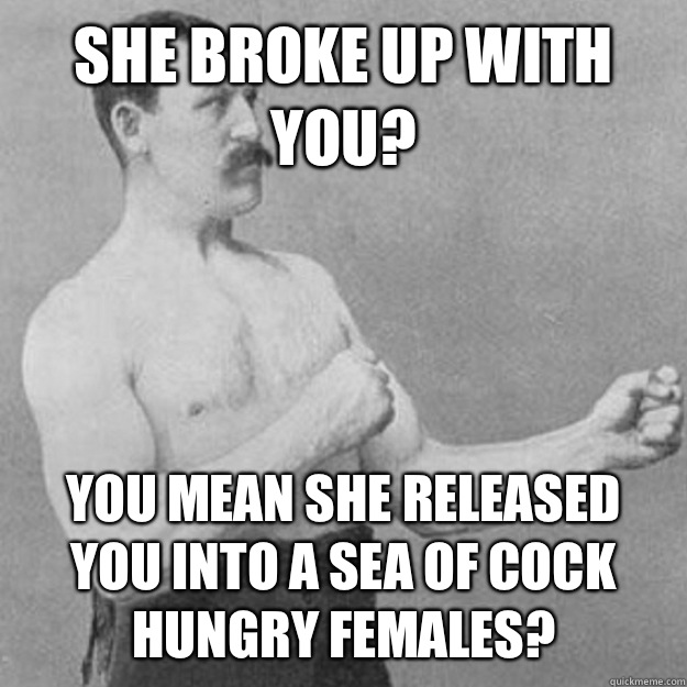 She broke up with you? YOU MEAN she released you into a sea of cock hungry females?  overly manly man
