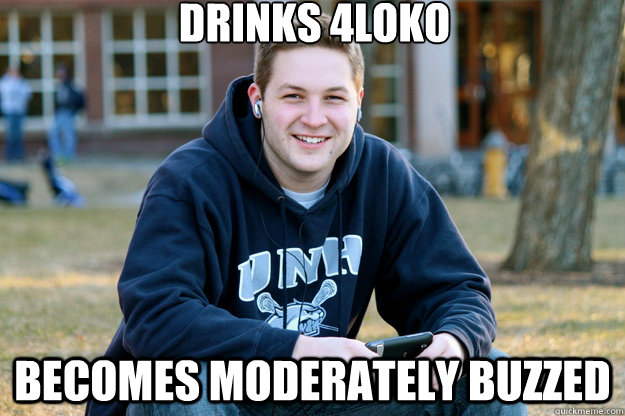 Drinks 4loko Becomes moderately buzzed  Mature College Senior