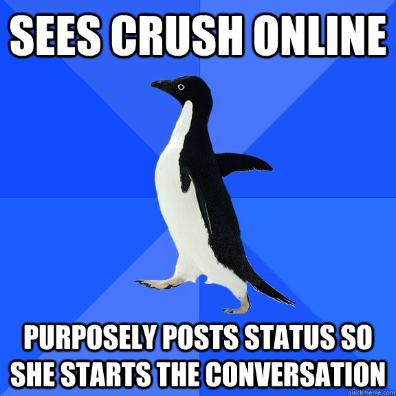 Sees crush online purposely posts status so she starts the conversation  Socially Awkward Penguin