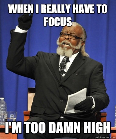 When I really have to focus I'm too damn high  The Rent Is Too Damn High