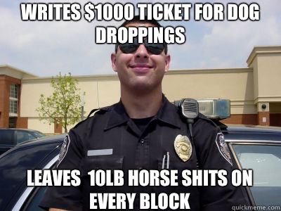 Writes $1000 ticket for dog droppings Leaves  10lb horse shits on every block  Scumbag Cop