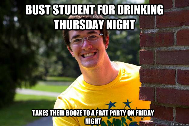 Bust Student For Drinking Thursday Night Takes their booze to a Frat Party On Friday Night  Terrible RA