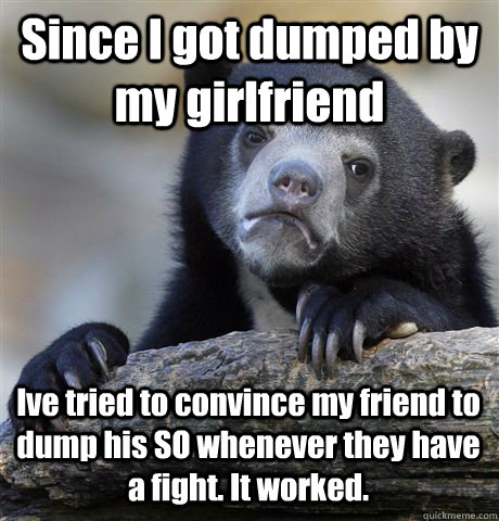 Since I got dumped by my girlfriend Ive tried to convince my friend to dump his SO whenever they have a fight. It worked.  Confession Bear