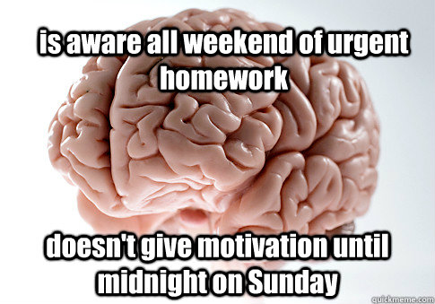 is aware all weekend of urgent homework doesn't give motivation until midnight on Sunday  - is aware all weekend of urgent homework doesn't give motivation until midnight on Sunday   Scumbag Brain
