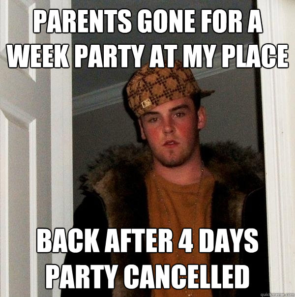 Parents gone for a week party at my place Back after 4 days party cancelled  Scumbag