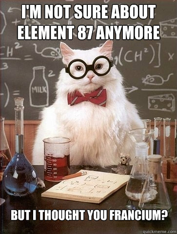 I'm not sure about element 87 anymore but i thought you francium?  Chemistry Cat