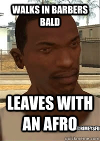 Walks in barbers bald Leaves with an afro @RimeySFD  San Andreas CJ