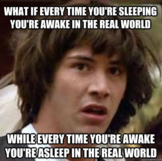 WHAT IF EVERY TIME YOU'RE SLEEPING YOU'RE AWAKE IN THE REAL WORLD   WHILE EVERY TIME YOU'RE AWAKE YOU'RE ASLEEP IN THE REAL WORLD   conspiracy keanu