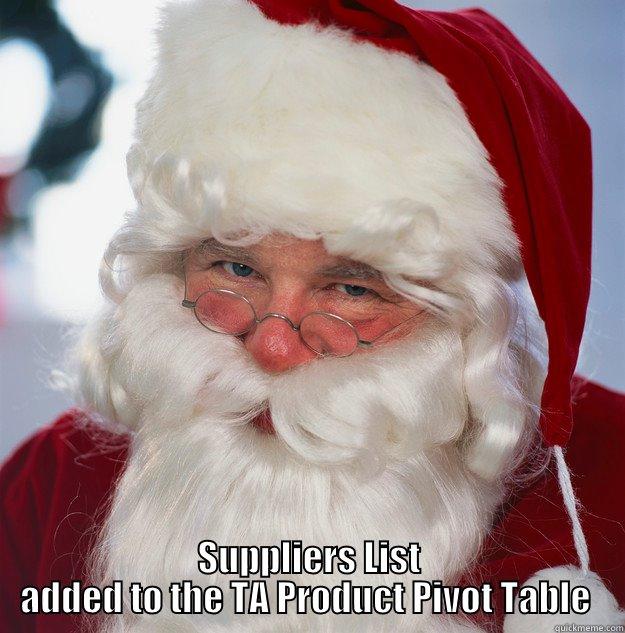  SUPPLIERS LIST ADDED TO THE TA PRODUCT PIVOT TABLE  Scumbag Santa