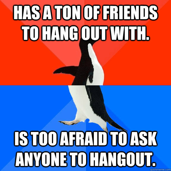 Has a ton of friends to hang out with. is too afraid to ask anyone to hangout.  Socially Awesome Awkward Penguin