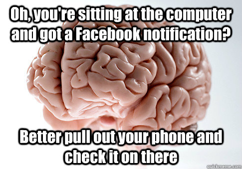 Oh, you're sitting at the computer and got a Facebook notification? Better pull out your phone and check it on there   Scumbag Brain