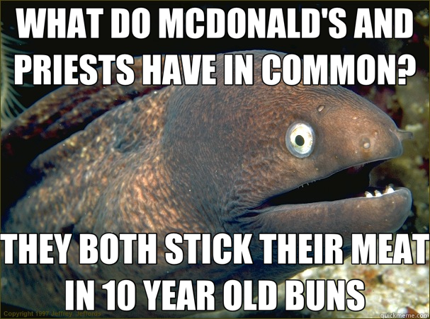 WHAT DO MCDONALD'S AND PRIESTS HAVE IN COMMON? THEY BOTH STICK THEIR MEAT IN 10 YEAR OLD BUNS - WHAT DO MCDONALD'S AND PRIESTS HAVE IN COMMON? THEY BOTH STICK THEIR MEAT IN 10 YEAR OLD BUNS  Bad Joke Eel