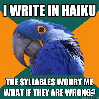 I write in haiku The syllables worry me
What if they are wrong?  Paranoid Parrot