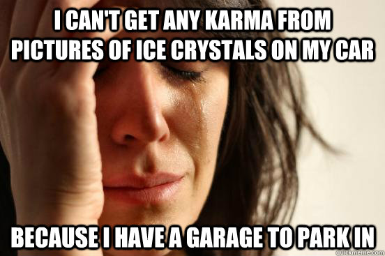 I can't get any karma from pictures of ice crystals on my car because i have a garage to park in  First World Problems