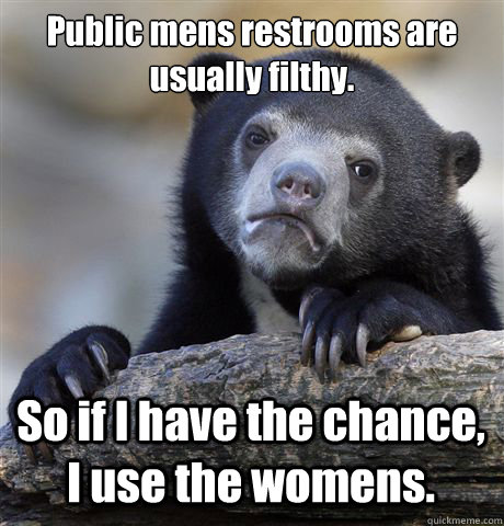 Public mens restrooms are usually filthy. So if I have the chance, I use the womens.  Confession Bear