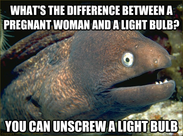 what's the difference between a pregnant woman and a light bulb? you can unscrew a light bulb  Bad Joke Eel