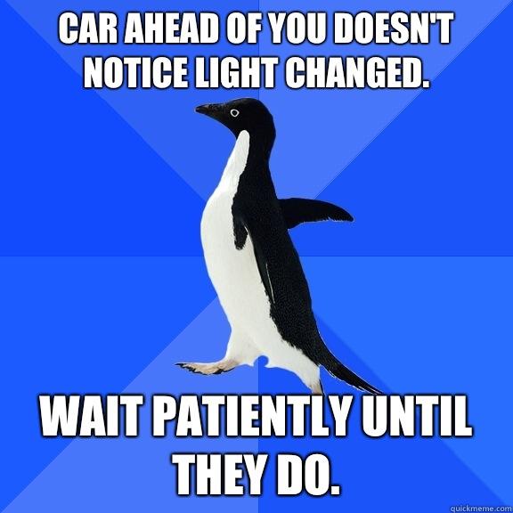 Car ahead of you doesn't notice light changed. Wait patiently until they do.  