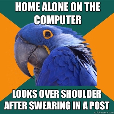 Home alone on the computer Looks over shoulder after swearing in a post  Paranoid Parrot