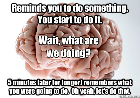 Reminds you to do something.  You start to do it. Wait, what are we doing? 5 minutes later (or longer) remembers what you were going to do.  Oh yeah, let's do that.  Scumbag Brain