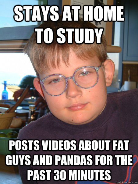 stays at home to study posts videos about fat guys and pandas for the past 30 minutes  