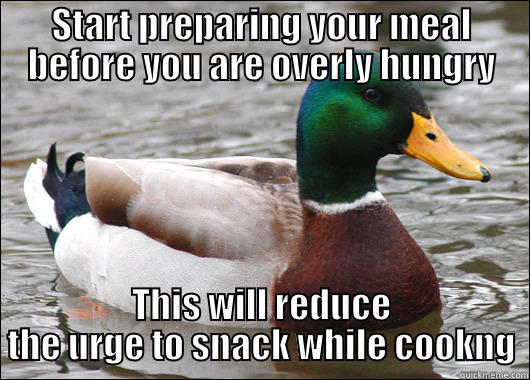 START PREPARING YOUR MEAL BEFORE YOU ARE OVERLY HUNGRY THIS WILL REDUCE THE URGE TO SNACK WHILE COOKNG Actual Advice Mallard