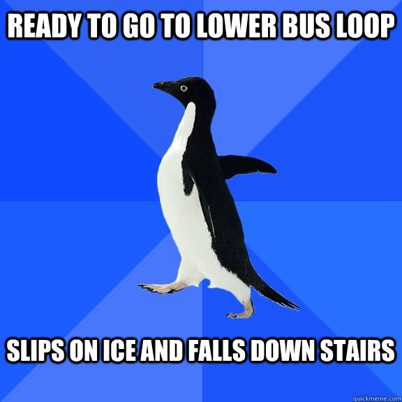 Ready to go to lower bus loop   slips on ice and falls down stairs   Socially Awkward Penguin