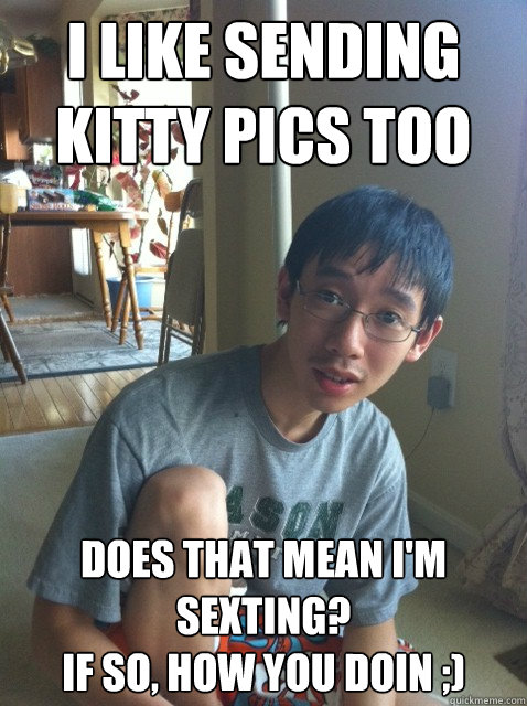I like sending kitty pics too does that mean I'm sexting?
If so, how you doin ;)  Sexually repressed nerd