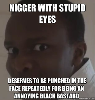 Nigger with stupid eyes  deserves to be punched in the face repeatedly for being an annoying black bastard  