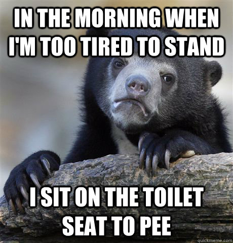 In the morning when I'm too tired to stand I sit on the toilet seat to pee  Confession Bear