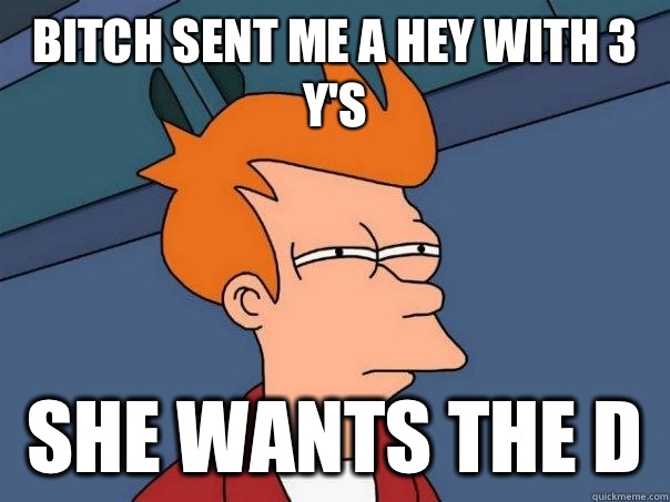 Bitch sent me a hey with 3 y's She wants the d  Futurama Fry