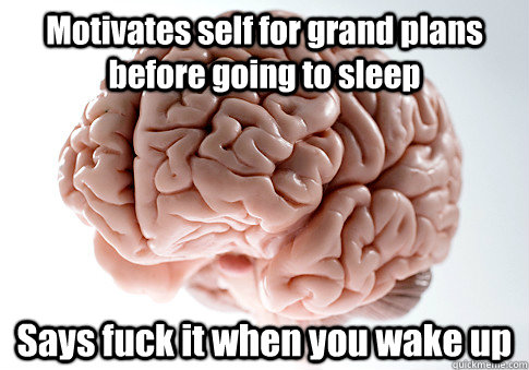 Motivates self for grand plans before going to sleep Says fuck it when you wake up   Scumbag Brain