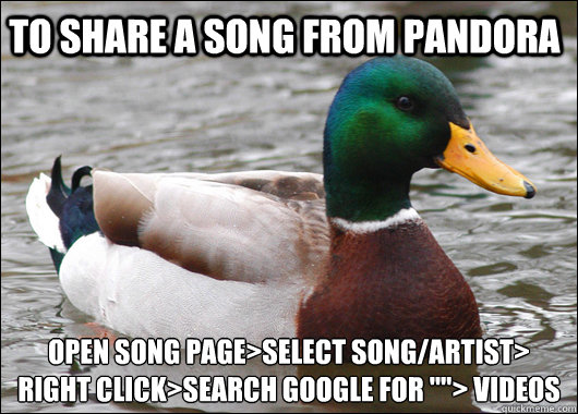 to share a song from pandora open song page>select song/artist>
right click>search google for 