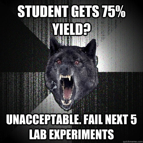 Student gets 75% Yield? Unacceptable. Fail next 5 lab experiments  Insanity Wolf