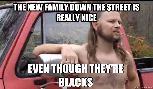 The new family down the street is really nice even though They're 
blacks  Almost Politically Correct Redneck