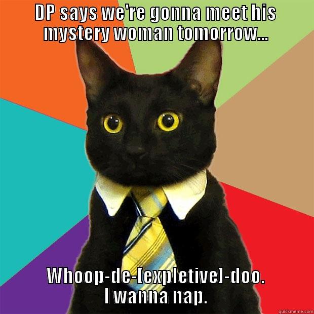 DP SAYS WE'RE GONNA MEET HIS MYSTERY WOMAN TOMORROW... WHOOP-DE-[EXPLETIVE]-DOO. I WANNA NAP. Business Cat