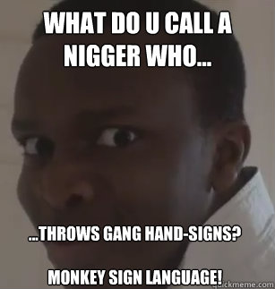 What do u call a nigger who... ...throws gang hand-signs?

Monkey Sign language! - What do u call a nigger who... ...throws gang hand-signs?

Monkey Sign language!  KSIolajidebt
