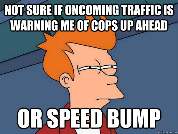 not sure if oncoming traffic is warning me of cops up ahead or speed bump  Futurama Fry