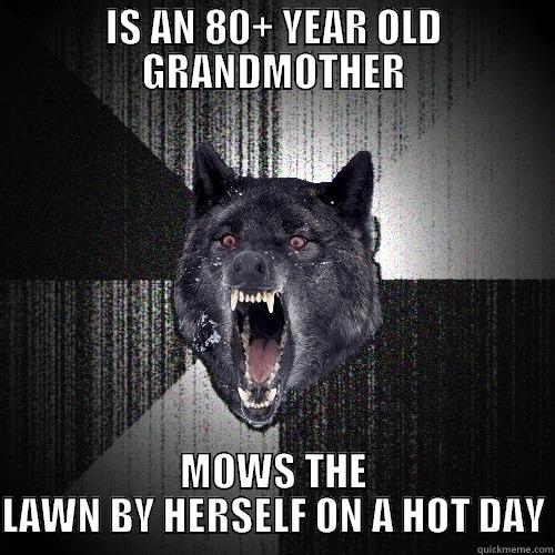 IS AN 80+ YEAR OLD GRANDMOTHER MOWS THE LAWN BY HERSELF ON A HOT DAY Insanity Wolf