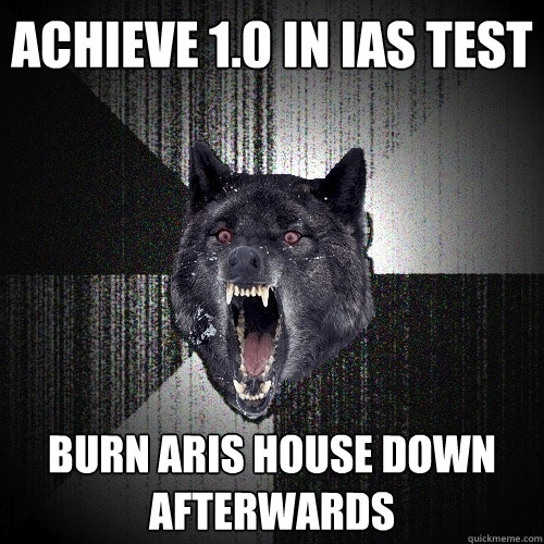achieve 1.0 in ias test burn aris house down afterwards  Insanity Wolf