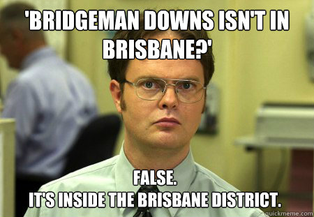'Bridgeman Downs isn't in Brisbane?' False.
It's inside the Brisbane District.   Dwight