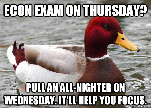 econ exam on thursday? pull an all-nighter on wednesday. it'll help you focus.  Malicious Advice Mallard