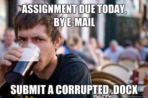 Assignment due today,
by e-mail submit a corrupted .docx  Lazy College Senior