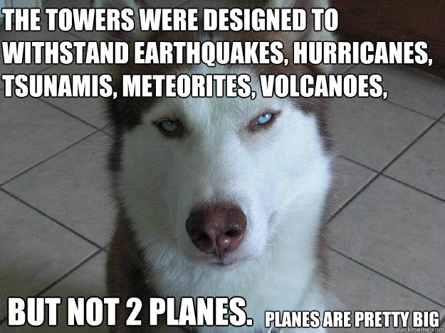 the towers were designed to withstand earthquakes, hurricanes, tsunamis, meteorites, volcanoes, but not 2 planes. planes are pretty big - the towers were designed to withstand earthquakes, hurricanes, tsunamis, meteorites, volcanoes, but not 2 planes. planes are pretty big  Anti Conspiracy Dog
