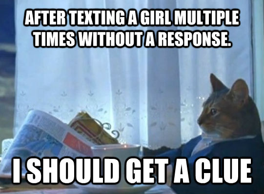 AFTER TEXTING A GIRL MULTIPLE TIMES WITHOUT A RESPONSE. I SHOULD GET A CLUE - AFTER TEXTING A GIRL MULTIPLE TIMES WITHOUT A RESPONSE. I SHOULD GET A CLUE  I should get a girlfriend
