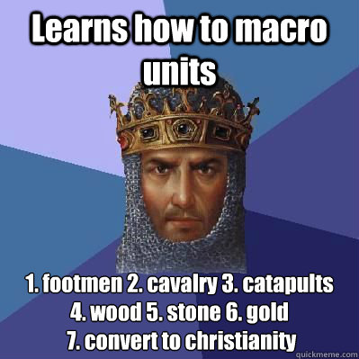 Learns how to macro units 1. footmen 2. cavalry 3. catapults 
4. wood 5. stone 6. gold
 7. convert to christianity  - Learns how to macro units 1. footmen 2. cavalry 3. catapults 
4. wood 5. stone 6. gold
 7. convert to christianity   Age of Empires