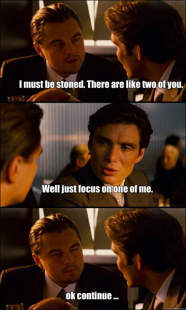 I must be stoned. There are like two of you. Well just focus on one of me. ok continue ... - I must be stoned. There are like two of you. Well just focus on one of me. ok continue ...  Inception