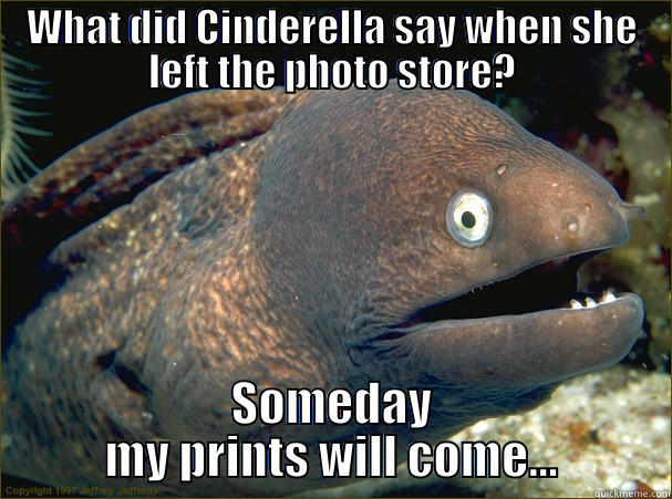 WHAT DID CINDERELLA SAY WHEN SHE LEFT THE PHOTO STORE? SOMEDAY MY PRINTS WILL COME... Bad Joke Eel