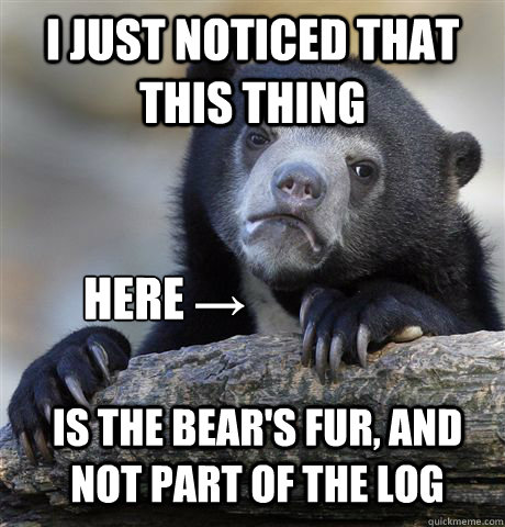 I just noticed that this thing HERE → is the bear's fur, and not part of the log  Confession Bear