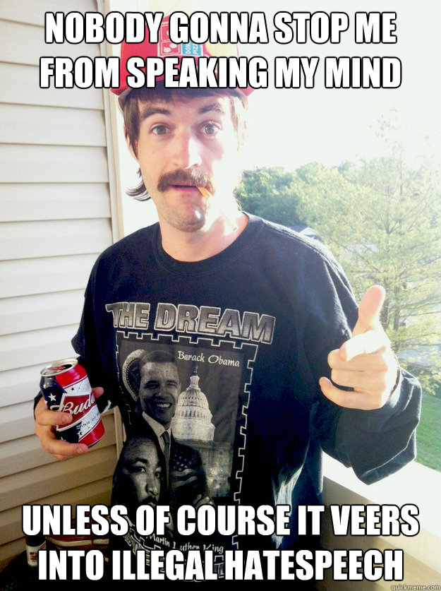 nobody gonna stop me from speaking my mind unless of course it veers into illegal hatespeech  Progressive Redneck