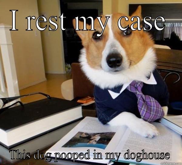 I REST MY CASE THIS DOG POOPED IN MY DOGHOUSE Lawyer Dog